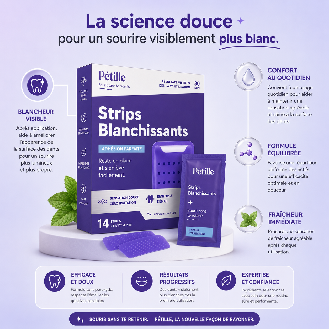Pétille Strips — Dents 3 Fois Plus Blanches en 30 Minutes | Zéro Sensibilité